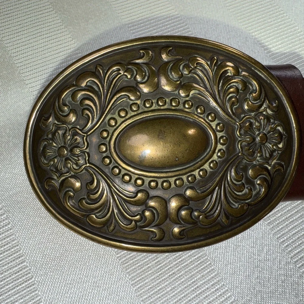 EXPRESS Genuine Italian Leather Embossed Belt Bronze Floral Hinged Buckle Size M